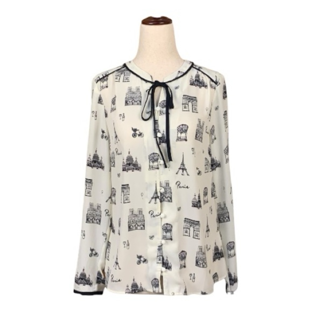Talbot's Paris Print Tie Front Blouse Ivory Black Sketch Print Size XS P - Picture 2 of 12